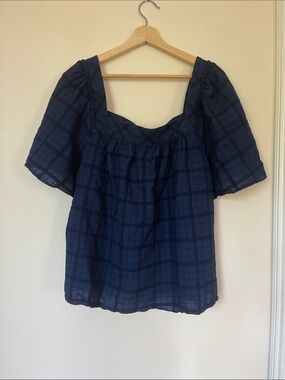 Draper James Navy Plaid Square Neck Peasant Blouse